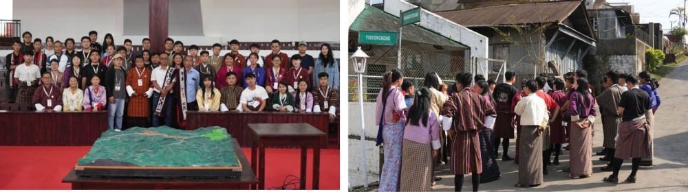 (Left) The students with representatives from Ungma Village Council at Ungma Rural Assembly. (Right) At Ungma Village.